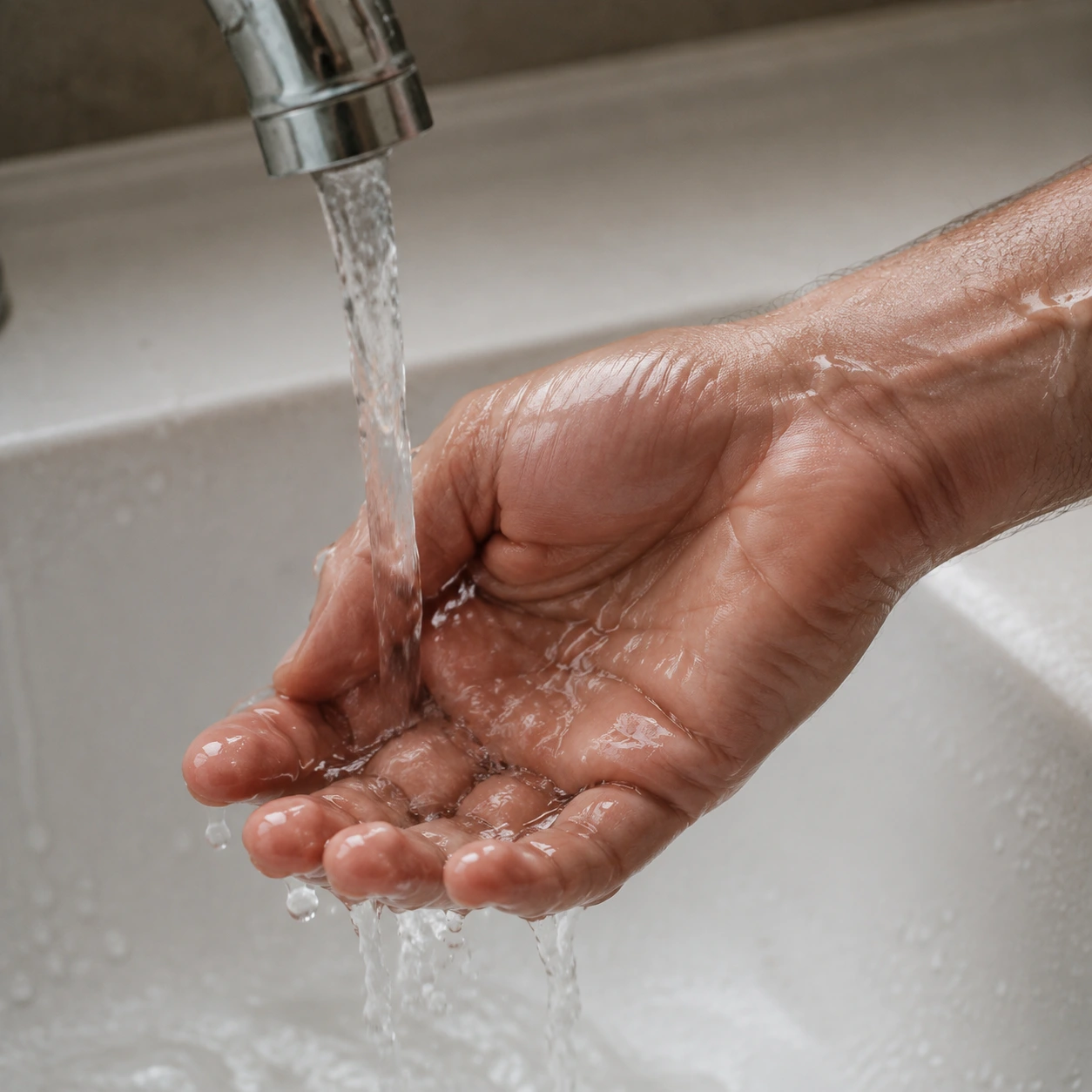 Una mano y una muñeca bajo un chorro suave de agua.
