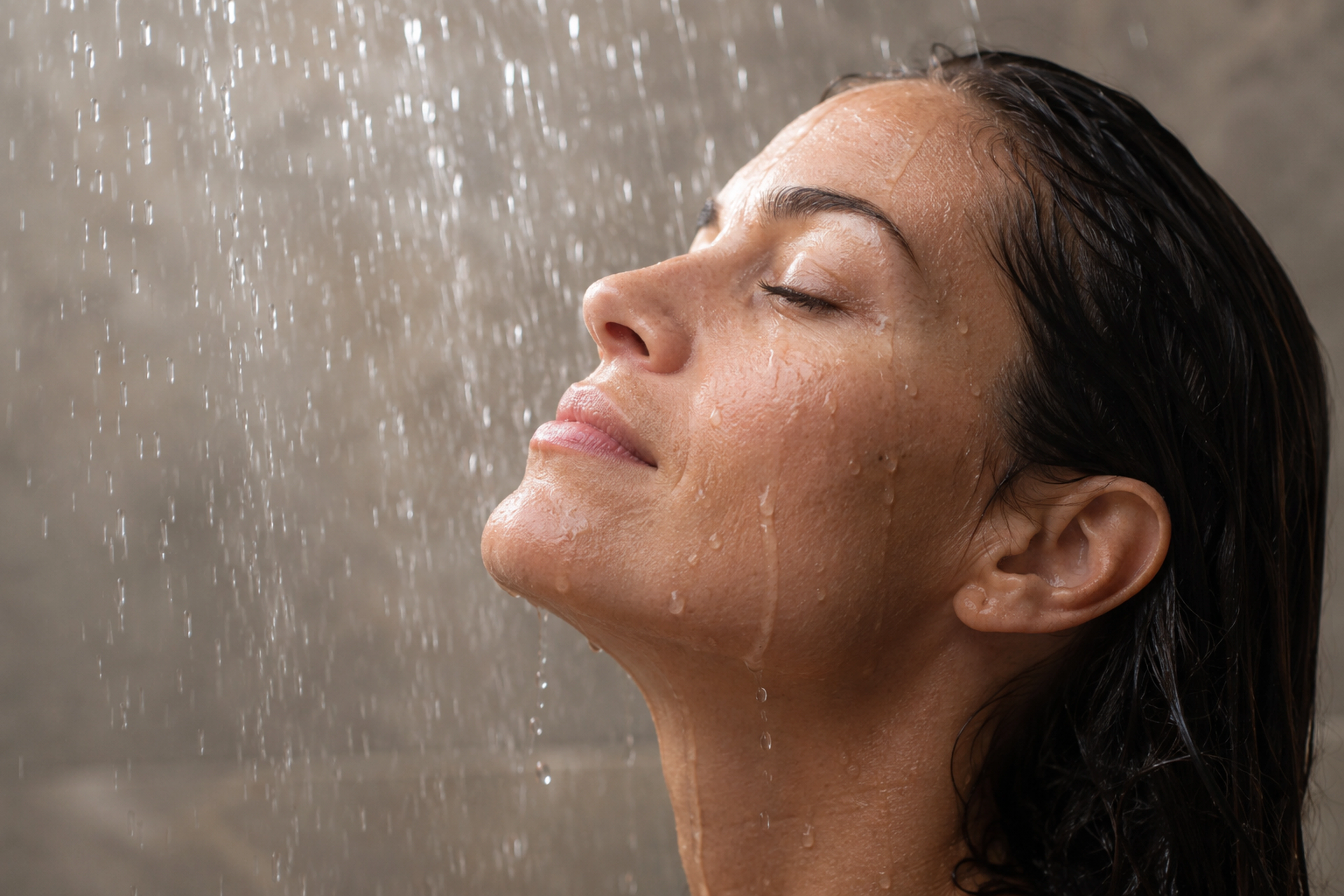Rostro de una mujer bajo el agua de la ducha, con los ojos cerrados.