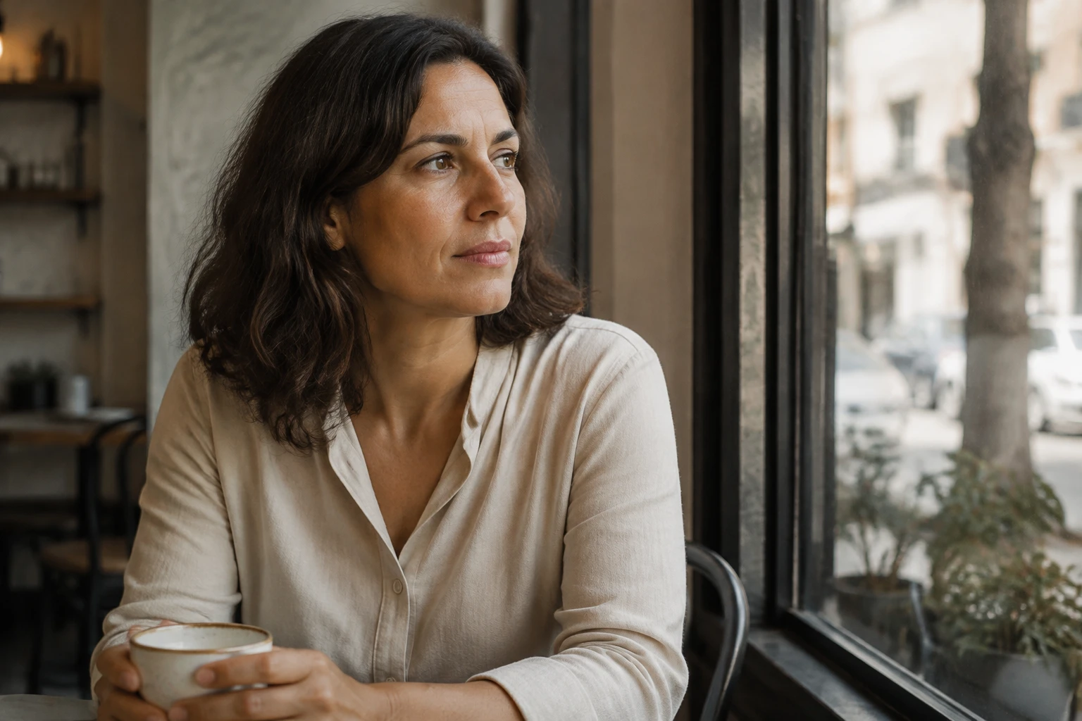 Mujer sentada junto a la ventana de una cafetería.